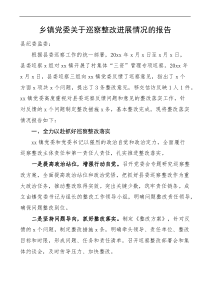 鄉(xiāng)鎮(zhèn)黨委關于巡察整改進展情況的報告docx