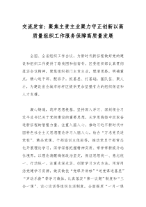 交流發(fā)言：聚焦主責(zé)主業(yè)聚力守正創(chuàng)新以高質(zhì)量組織工作服務(wù)保障高質(zhì)量發(fā)展