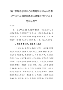 鎮(zhèn)長(zhǎng)在理論學(xué)習(xí)中心組專題學(xué)習(xí)習(xí)近平總書(shū)記在河南考察時(shí)重要講話精神研討交流會(huì)上的講話范文